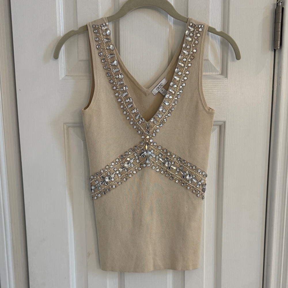 Caché Vintage Cream Silk Blend Very Embellished V-Neck Bodycon Top - Picture 3 of 11
